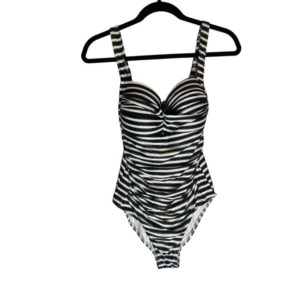 Niptuck One Piece Swimsuit Multi Cup Fit Black White Gold Stripe Size 8